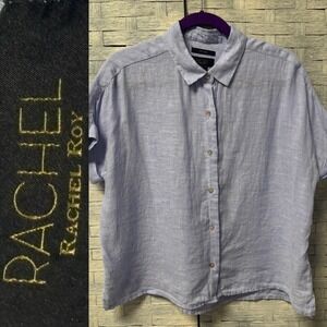 Rachel Rachel Roy Womens M 100% Linen Blend Button Down Light Blue Short Sleeve